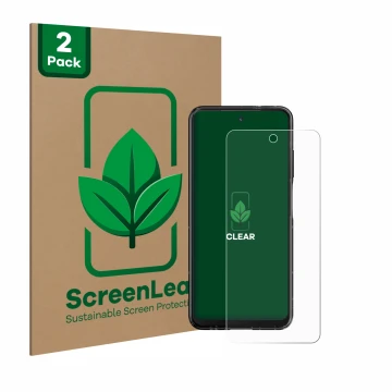 Front side of a product packaging with the brand logo ScreenLeaf. Next to it is the device HMD Fusion shown with the correspon