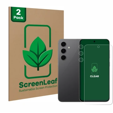 Front side of a product packaging with the brand logo ScreenLeaf. Next to it is the device Samsung Galaxy S24 FE (Front+Camera