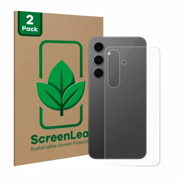 Front side of a product packaging with the brand logo ScreenLeaf. Next to it is the device Samsung Galaxy S24 FE (Back) shown 