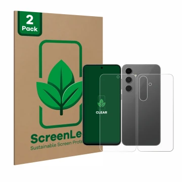 Front side of a product packaging with the brand logo ScreenLeaf. Next to it is the device Samsung Galaxy S24 FE (Front+Back) 