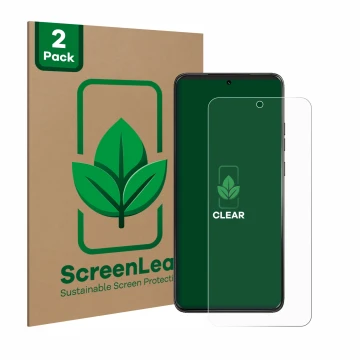 Front side of a product packaging with the brand logo ScreenLeaf. Next to it is the device Motorola ThinkPhone 25 shown with t