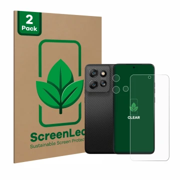 Front side of a product packaging with the brand logo ScreenLeaf. Next to it is the device Motorola ThinkPhone 25 (Front+Camer