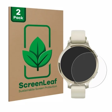 Front side of a product packaging with the brand logo ScreenLeaf. Next to it is the device Garmin Lily 2 Active shown with the