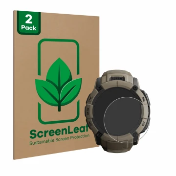 Front side of a product packaging with the brand logo ScreenLeaf. Next to it is the device Garmin Instinct 2X Solar Tactical E