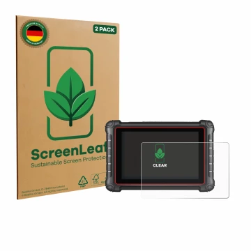 Front side of a product packaging with the brand logo ScreenLeaf. Next to it is the device Autel MK900BT shown with the corres