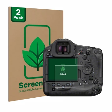 Front side of a product packaging with the brand logo ScreenLeaf. Next to it is the device Canon EOS R1 shown with the corresp