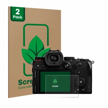 Front side of a product packaging with the brand logo ScreenLeaf. Next to it is the device Panasonic Lumix DC-S5D shown with t