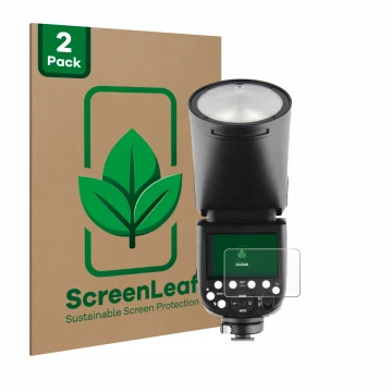 Front side of a product packaging with the brand logo ScreenLeaf. Next to it is the device Godox TT685 II shown with the corre