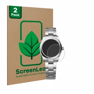 Front side of a product packaging with the brand logo ScreenLeaf. Next to it is the device Rolex Oyster Perpetual 31 shown wit