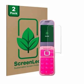 Front side of a product packaging with the brand logo ScreenLeaf. Next to it is the device HMD Barbie Phone shown with the cor