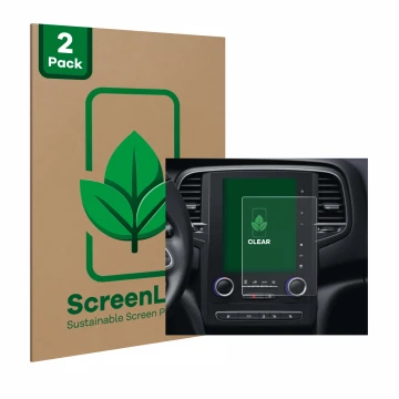 Front side of a product packaging with the brand logo ScreenLeaf. Next to it is the device Renault Scenic IV RLINK-2 2018 show