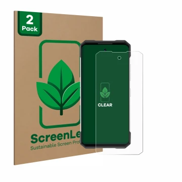 Front side of a product packaging with the brand logo ScreenLeaf. Next to it is the device Doogee S200 shown with the correspo