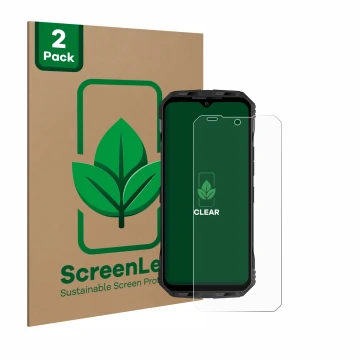 Front side of a product packaging with the brand logo ScreenLeaf. Next to it is the device Doogee V Max Plus shown with the co
