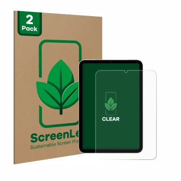 Front side of a product packaging with the brand logo ScreenLeaf. Next to it is the device Apple iPad Mini 7 WiFi 2024 shown w