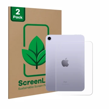 Front side of a product packaging with the brand logo ScreenLeaf. Next to it is the device Apple iPad Mini 7 WiFi 2024 (Back) 