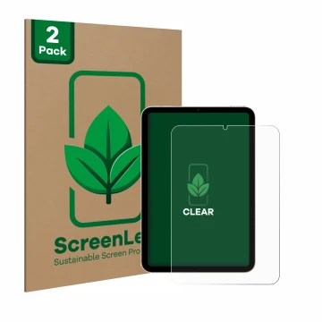 Front side of a product packaging with the brand logo ScreenLeaf. Next to it is the device Apple iPad Mini 7 2024 shown with t
