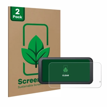 Front side of a product packaging with the brand logo ScreenLeaf. Next to it is the device Lamto Motorrad Carplay 6.25