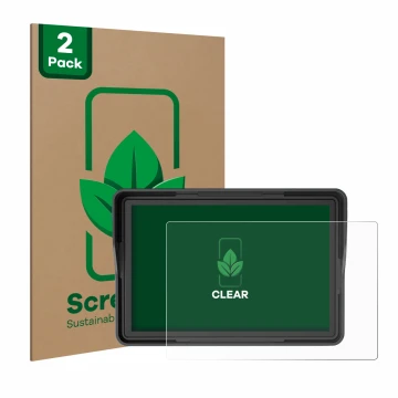 Front side of a product packaging with the brand logo ScreenLeaf. Next to it is the device Essgoo Motorrad Carplay 5