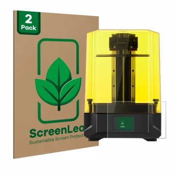 Front side of a product packaging with the brand logo ScreenLeaf. Next to it is the device Anycubic Photon Mono X2 9,1