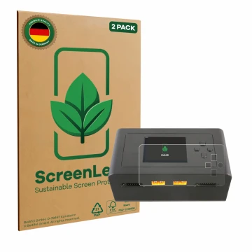 Front side of a product packaging with the brand logo ScreenLeaf. Next to it is the device Gens Ace IMARS D300 shown with the 