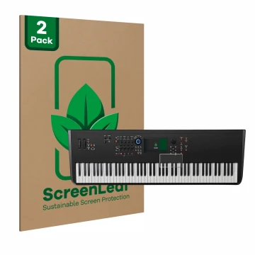 Front side of a product packaging with the brand logo ScreenLeaf. Next to it is the device Yamaha MODX8+ shown with the corres