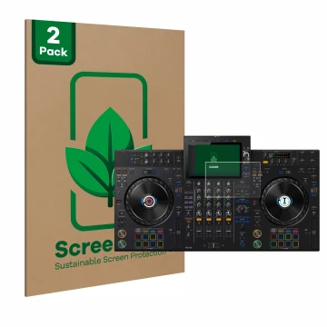 Front side of a product packaging with the brand logo ScreenLeaf. Next to it is the device AlphaTheta XDJ-AZ shown with the co