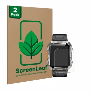 Front side of a product packaging with the brand logo ScreenLeaf. Next to it is the device Baolubao W60 shown with the corresp