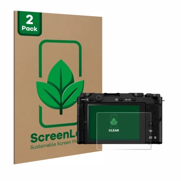 Front side of a product packaging with the brand logo ScreenLeaf. Next to it is the device Fujifilm X-M5 shown with the corres