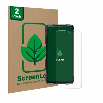 Front side of a product packaging with the brand logo ScreenLeaf. Next to it is the device Cubot King Kong Power 3 shown with 