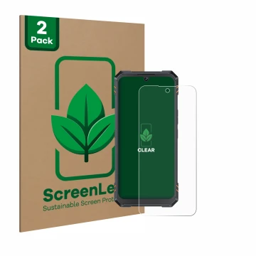 Front side of a product packaging with the brand logo ScreenLeaf. Next to it is the device Cubot King Kong Star 2 shown with t