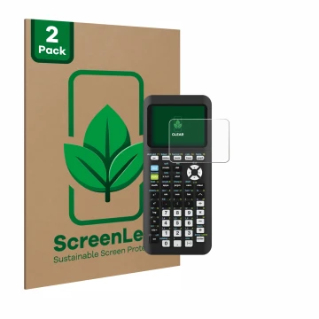 Front side of a product packaging with the brand logo ScreenLeaf. Next to it is the device Texas Instruments TI-84 Plus CE-T P
