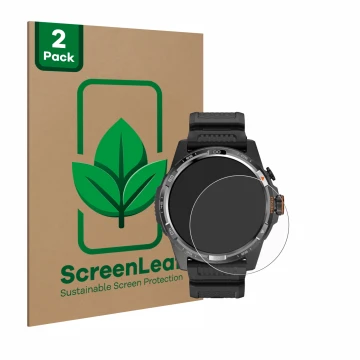 Front side of a product packaging with the brand logo ScreenLeaf. Next to it is the device Mobvoi Ticwatch Atlas shown with th
