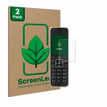 Front side of a product packaging with the brand logo ScreenLeaf. Next to it is the device AVM Fritz!Fon C6 Black shown with t
