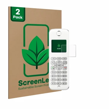 Front side of a product packaging with the brand logo ScreenLeaf. Next to it is the device AVM Fritz!Fon M2 shown with the cor