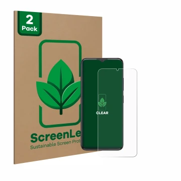 Front side of a product packaging with the brand logo ScreenLeaf. Next to it is the device ZTE Blade A34 shown with the corres