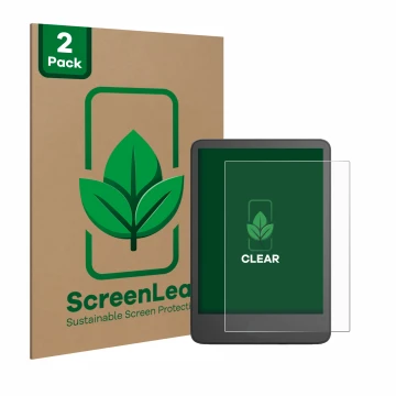 Front side of a product packaging with the brand logo ScreenLeaf. Next to it is the device Amazon Kindle 2024 shown with the c