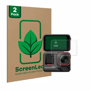 Front side of a product packaging with the brand logo ScreenLeaf. Next to it is the device Insta360 Ace Pro 2 shown with the c