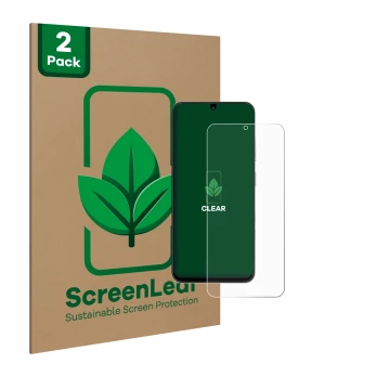 Front side of a product packaging with the brand logo ScreenLeaf. Next to it is the device ZTE Blade A35 shown with the corres