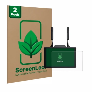 Front side of a product packaging with the brand logo ScreenLeaf. Next to it is the device Hollyland Pyro 7 shown with the cor