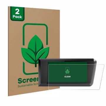 Front side of a product packaging with the brand logo ScreenLeaf. Next to it is the device Bosch Purion 400 shown with the cor