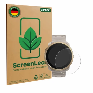 Front side of a product packaging with the brand logo ScreenLeaf. Next to it is the device Polar Vantage M3 shown with the cor