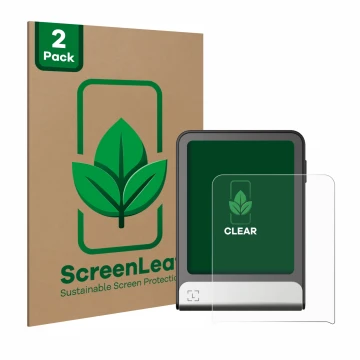 Front side of a product packaging with the brand logo ScreenLeaf. Next to it is the device Ledger Flex shown with the correspo