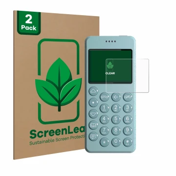 Front side of a product packaging with the brand logo ScreenLeaf. Next to it is the device Punkt MP02 shown with the correspon