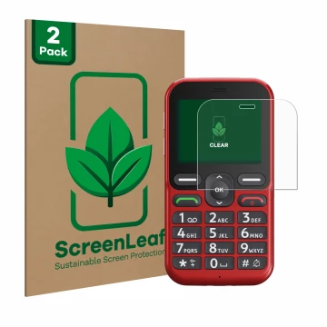 Front side of a product packaging with the brand logo ScreenLeaf. Next to it is the device Doro Leva L10 shown with the corres