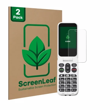 Front side of a product packaging with the brand logo ScreenLeaf. Next to it is the device Doro Leva L20 shown with the corres