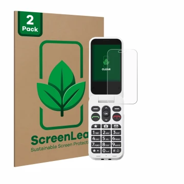 Front side of a product packaging with the brand logo ScreenLeaf. Next to it is the device Doro Leva L30 shown with the corres