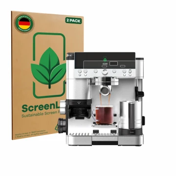 Front side of a product packaging with the brand logo ScreenLeaf. Next to it is the device Ninja Luxe Cafe Premier ES601EU sho