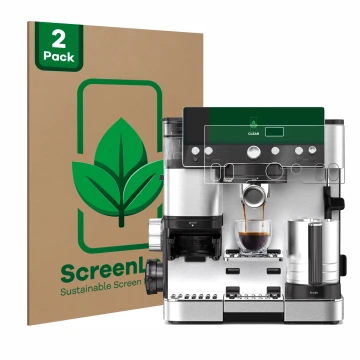 Front side of a product packaging with the brand logo ScreenLeaf. Next to it is the device Ninja Luxe Cafe Essential shown wit