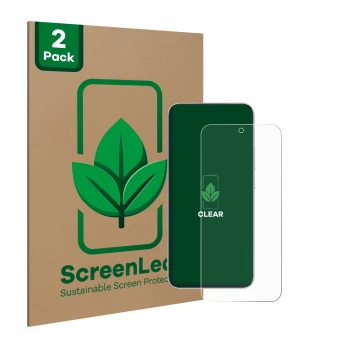 Front side of a product packaging with the brand logo ScreenLeaf. Next to it is the device Honor Magic 7 shown with the corres