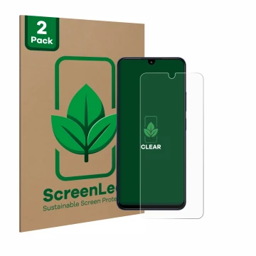 Front side of a product packaging with the brand logo ScreenLeaf. Next to it is the device Xiaomi Redmi 14C shown with the cor
